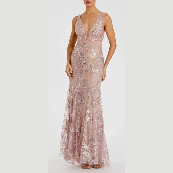 $698 Mac Duggal 67481 Size 10 Pink Floral Embroidered VNeck Long Maxi Gown Dress - Picture 2 of 5